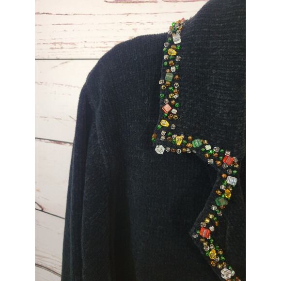 VTG J Two Black Embellished Jewel Chenille Knit Cardigan Sweater Womens Size XL - Picture 7 of 13